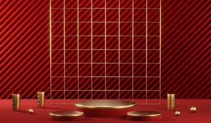 3D rendering of blank product background for cream cosmetics Modern red podium background