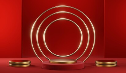 Fototapeta premium 3D rendering of blank product background for cream cosmetics Modern red podium background