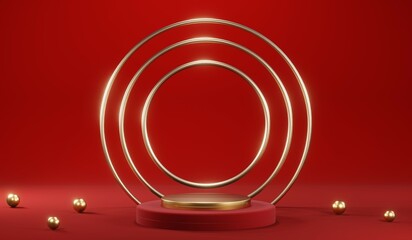 Obraz premium 3D rendering of blank product background for cream cosmetics Modern red podium background