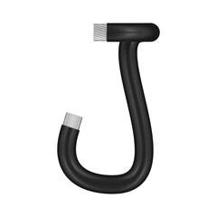 letter J made of black wire with bare ends, transparent background, 3d rendering