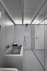 interior view of a modern bathroom, in the foreground the shower cubicle and the masonry tub are covered in grey resin, while the ceiling is made of wood