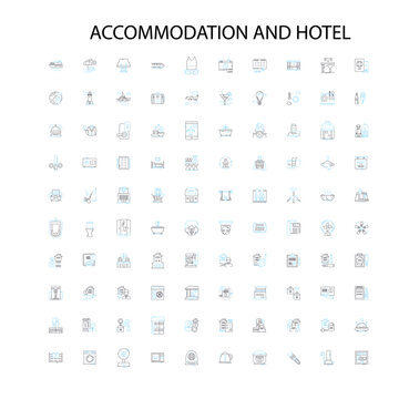 accommodation and hotel icons, signs, outline symbols, concept linear illustration line collection