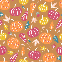 Seamless pattern for autumn season with pumpkin and fall leaves. Childish background for fabric, wrapping paper, textile, wallpaper and apparel.