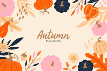 Poster Autumn frame border banner design with pumpkin  leaves and berries. Childish print for cards, poster and background. Vector Illustration © girafchik