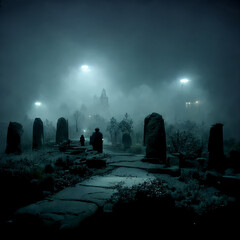 Fototapeta Cemetery at night in the fog. Horror Halloween background obraz
