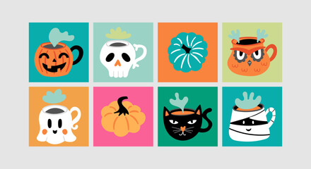 Halloween holiday cute pumpkin and coffee cup set. Childish print for cards, stickers, party invitation and decoration. Vector illustration