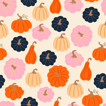 Seamless pattern for autumn season with pumpkin. Childish background for fabric, wrapping paper, textile, wallpaper and apparel. Vector Illustration