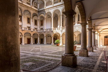 Palermo, Italy - July 6, 2020: Courtyard of Palazzo dei Normanni (Palace of the Normans, Palazzo...