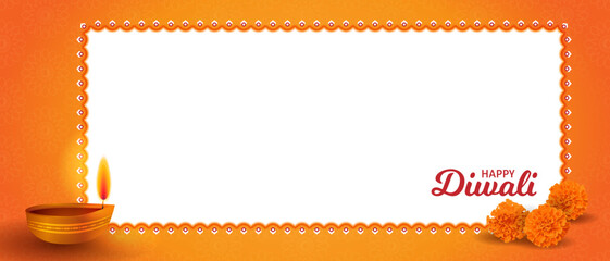 Traditional Happy Diwali puja Horizontal background design with Diya, marigold flowers. Realistic frame template Hindu festival vector illustration. Text message. Website header, invitation, promotion