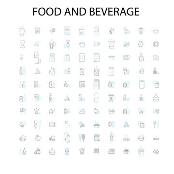 food beverage icons, signs, outline symbols, concept linear illustration line collection