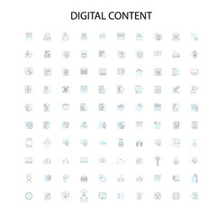 digital content icons, signs, outline symbols, concept linear illustration line collection