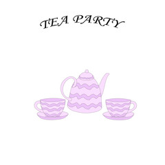 set teapot teapot and purple cups. Tea party vector illustration