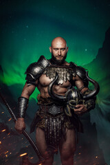 Naklejka premium Portrait of ancient nordic warrior dressed in armor holding axe against northern lights.