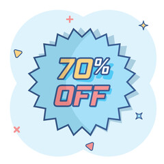 Vector cartoon discount sticker icon in comic style. Sale tag illustration pictogram. Promotion 70 percent discount splash effect concept.