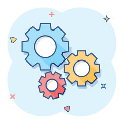 Vector cartoon gear icon in comic style. Cog wheel concept illustration pictogram. Gearwheel cogwheel business splash effect concept.
