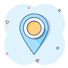 Vector cartoon map pointer icon in comic style. Gps navigation mark illustration pictogram. Pointer destination business splash effect concept.