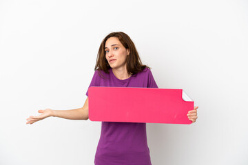 Young caucasian woman isolated on white background holding an empty placard and having doubts