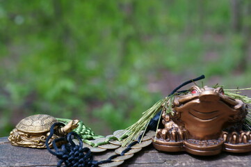 Metal turtle and toad with Chinese coins. A religious and esoteric symbol. Wisdom and spirituality.