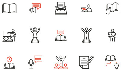 Vector Set of Linear Icons Related to Storytelling, Motivation Story and Persuasiveness. Mono line pictograms and infographics design elements