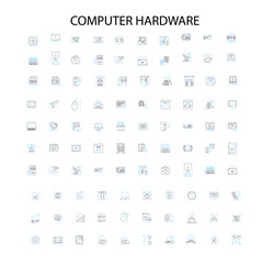 computer hardware icons, signs, outline symbols, concept linear illustration line collection