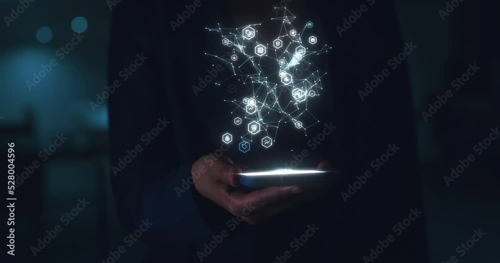 Poster Smartphone, ai system and 3D hologram of networking or big data for information technology, cyber security or scifi background. Futuristic IT expert hand in dark with digital cyberpunk software app