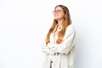 Young blonde woman isolated on white background happy and smiling