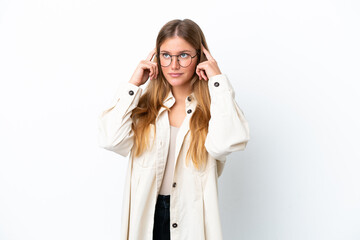 Young blonde woman isolated on white background having doubts and thinking