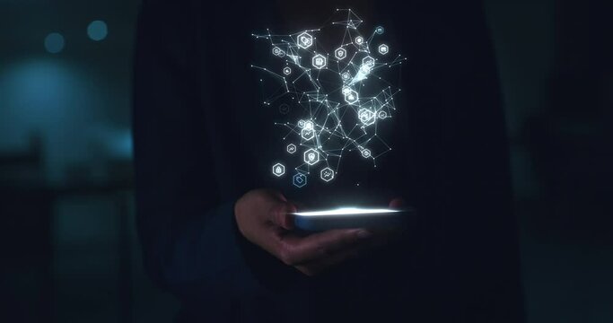 Smartphone, ai system and 3D hologram of networking or big data for information technology, cyber security or scifi background. Futuristic IT expert hand in dark with digital cyberpunk software app