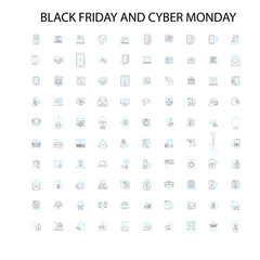 black friday and cyber monday icons, signs, outline symbols, concept linear illustration line collection