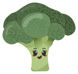 Sticker green broccoli with kawaii emotions. Flat illustration of a broccoli with emotions without background.