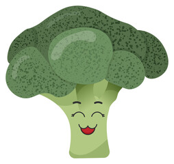 Sticker green broccoli with kawaii emotions. Flat illustration of a broccoli with emotions without background.