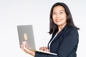 Working Business Woman in Black Suit Jacket Holding Labtop Computer
