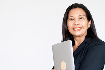 Working Business Woman in Black Suit Jacket Holding Labtop Computer