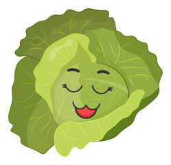 Sticker green cabbage with kawaii emotions. Flat illustration of a cabbage with emotions without background.