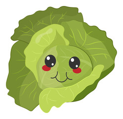 Sticker green cabbage with kawaii emotions. Flat illustration of a cabbage with emotions without background.