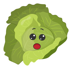 Sticker green cabbage with kawaii emotions. Flat illustration of a cabbage with emotions without background.