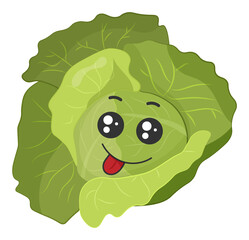 Sticker green cabbage with kawaii emotions. Flat illustration of a cabbage with emotions without background.