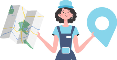 The girl is holding a map. The trendy character is depicted to the waist. Isolated on white background. Vector.