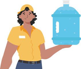 Water delivery concept. The man is holding a large water bottle. The character is depicted to the waist. Isolated on white background. Vector.