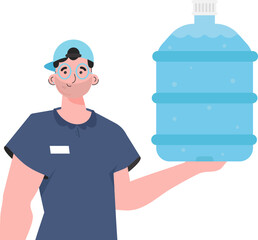 A man is holding a bottle of water. Delivery concept. The character is depicted to the waist. Isolated on white background. Vector.