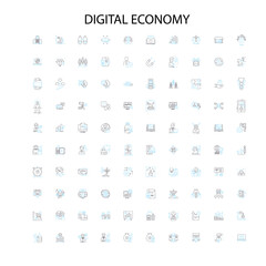 digital economy icons, signs, outline symbols, concept linear illustration line collection
