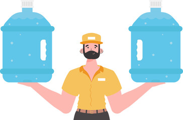 A man is holding a bottle of water. Delivery concept. The stylish character is depicted to the waist. Isolated on white background. Vector.