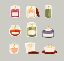 paraffin aromatic candles for aroma therapy isolated on light background. Cute hygge home decoration, holiday decorative design element. Flat cartoon colorful vector illustration.