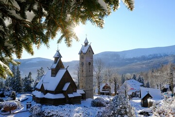 Old wooden stave church Vang (Wang) in winter. It was transferred from Norway and re-erected in 1842 in Karpacz, Poland