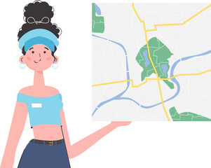 The girl is holding a map. Cartoon style character is depicted to the waist. Isolated. Vector illustration.