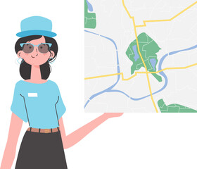 The girl is holding a map. Cartoon style character is depicted to the waist. Isolated. Vector.