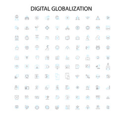 digital globalization icons, signs, outline symbols, concept linear illustration line collection