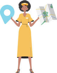 Girl water delivery operator holding a map. Stylish character is depicted in full growth. Isolated on white background. Vector illustration.