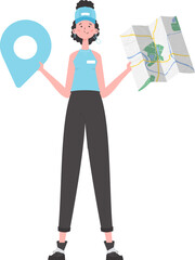 Girl water delivery operator holding a map. Stylish character is depicted in full growth. Isolated on white background. Vector.