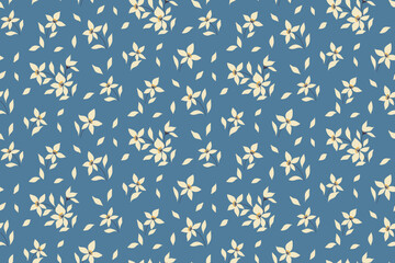 Seamless floral pattern with small plants in rustic style. Liberty ditsy print, romantic botanical background with tiny white flowers, leaves in abstract composition on blue. Vector.